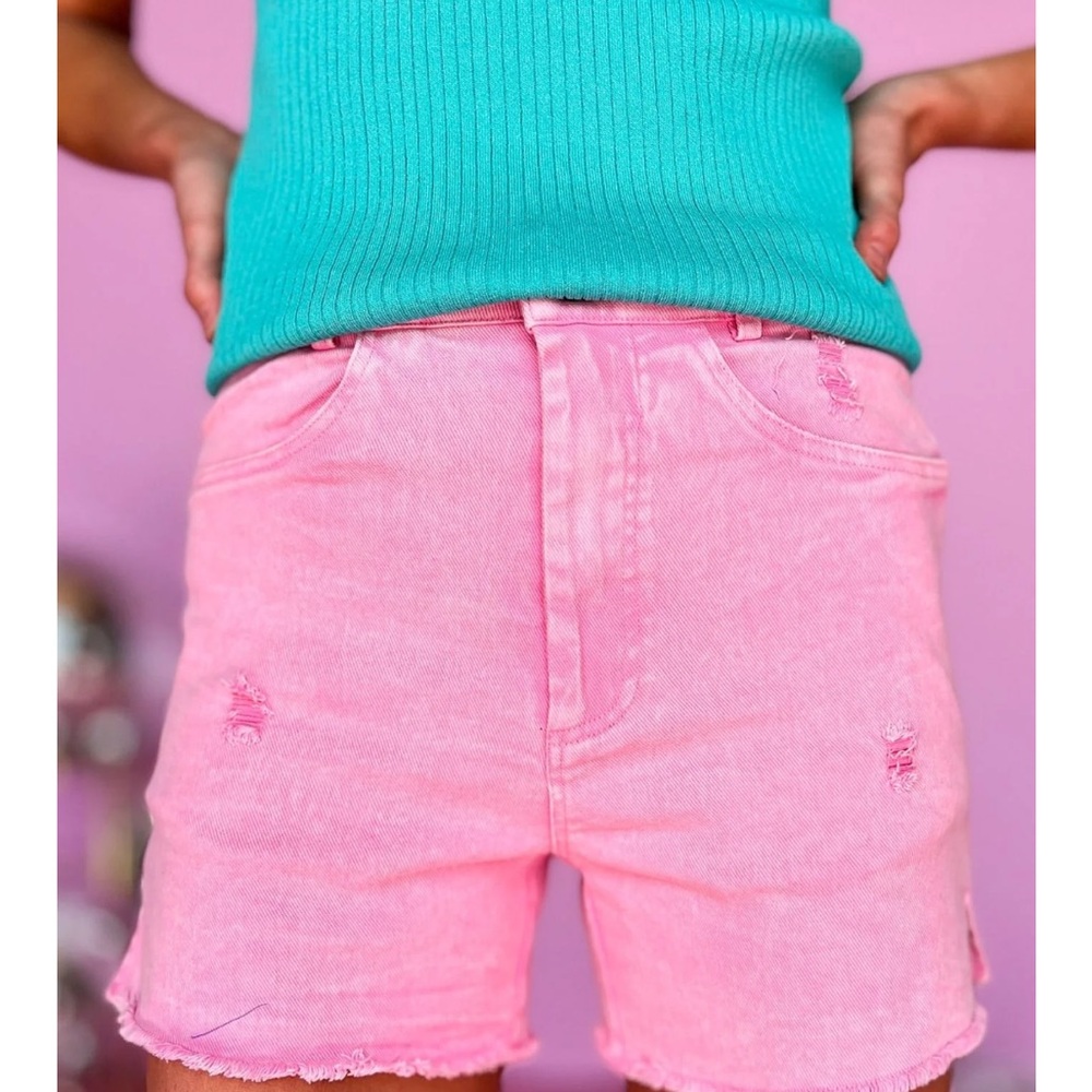 LA MIEL Pink Distressed Jean Shorts